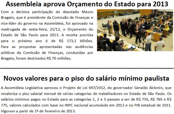 Leia o boletim das atividades parlamentares do deputado Bragato